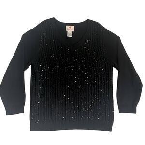 Quacker Factory Sweater Black Sequins Cable Knit V-Neck Size L Festive Holiday